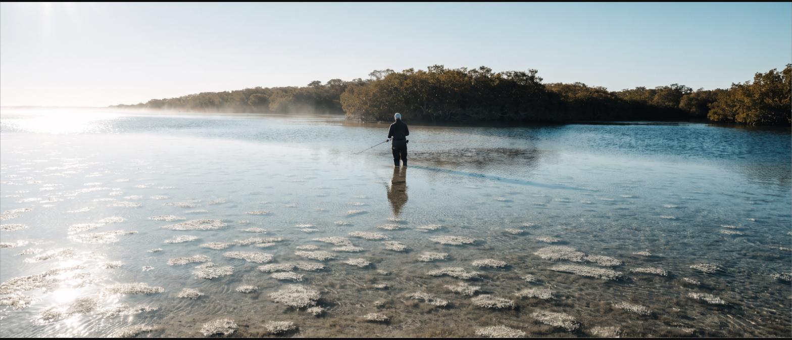 Angler wading a shallow grass flat at first light