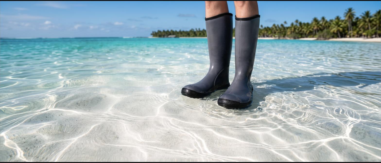 Wading boots standing in clear shallow water on a sand flat
